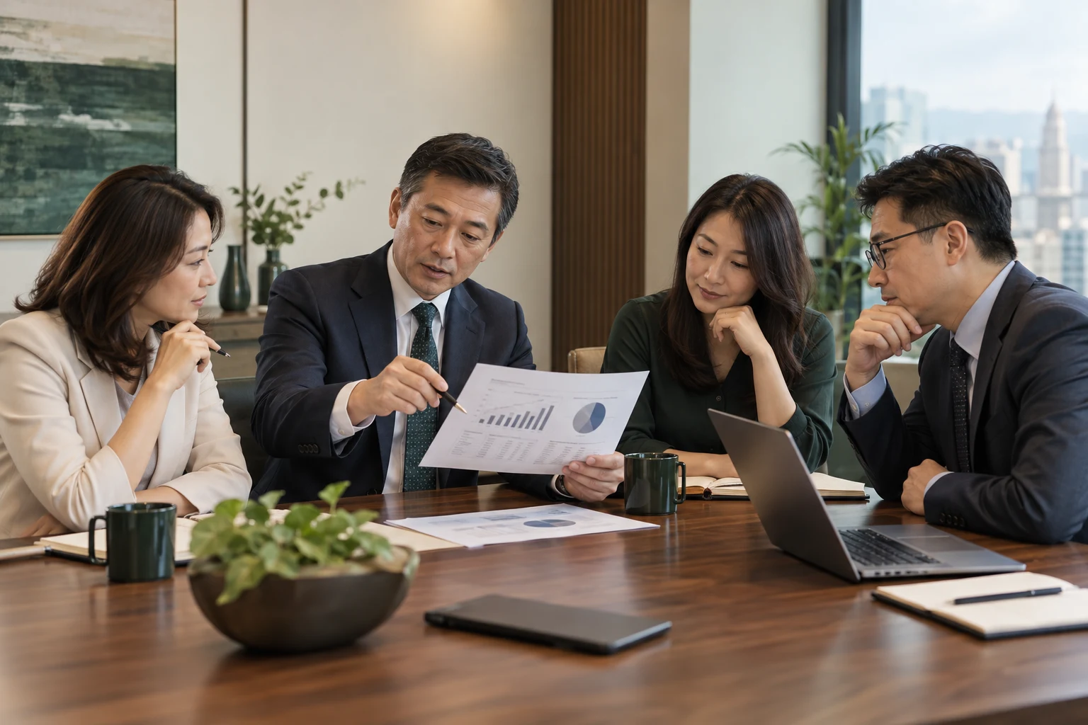 主管團隊討論營運計畫（AI 情境示意）